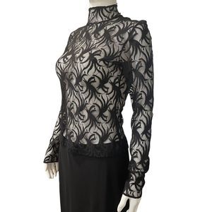 Moda International Gothic Black Sheer Lace High Neck Blouse See Through Small